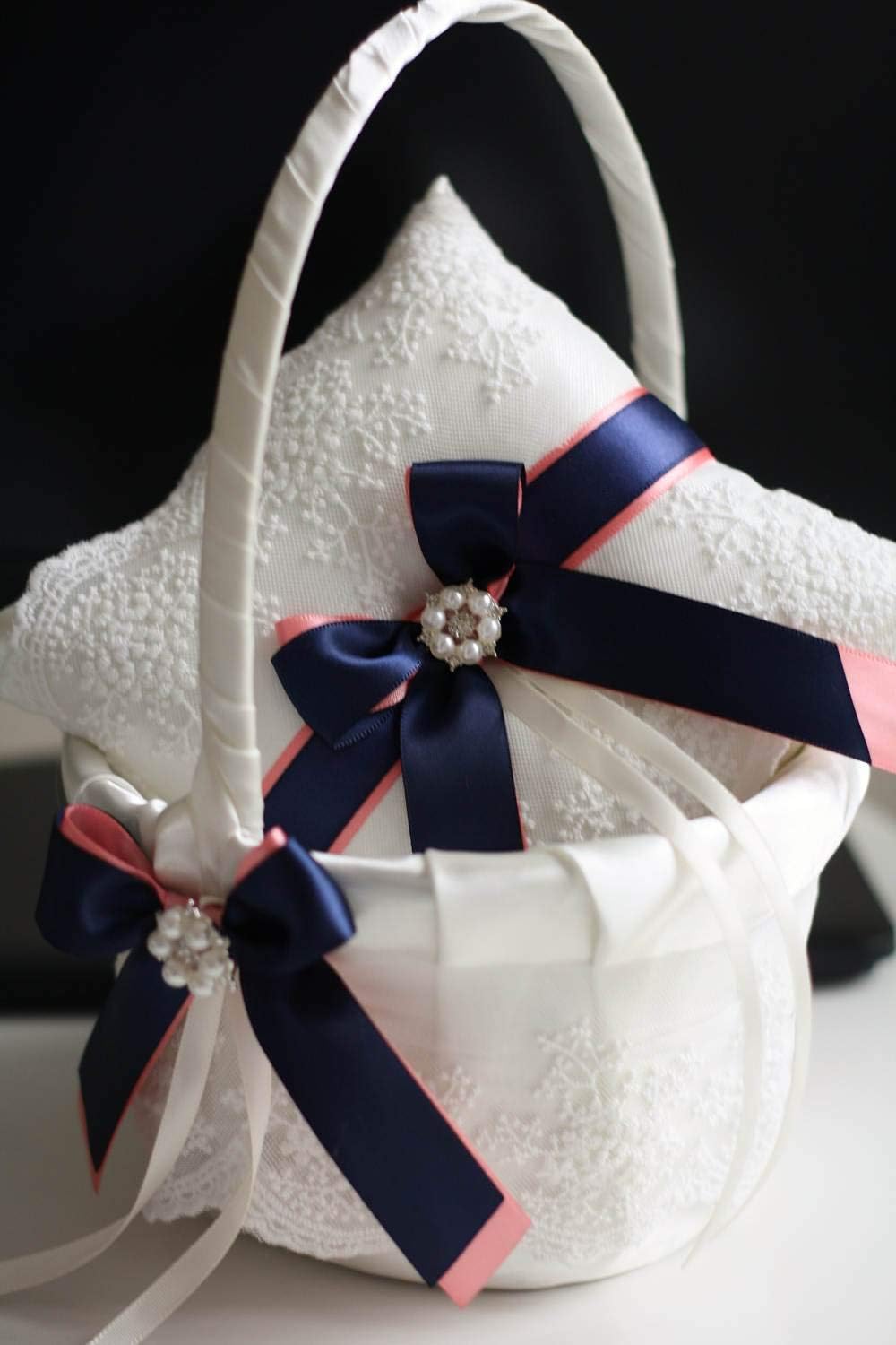 Coral Navy Flower Girl Basket & Ring Bearer Pillow Wedding Accessories Set