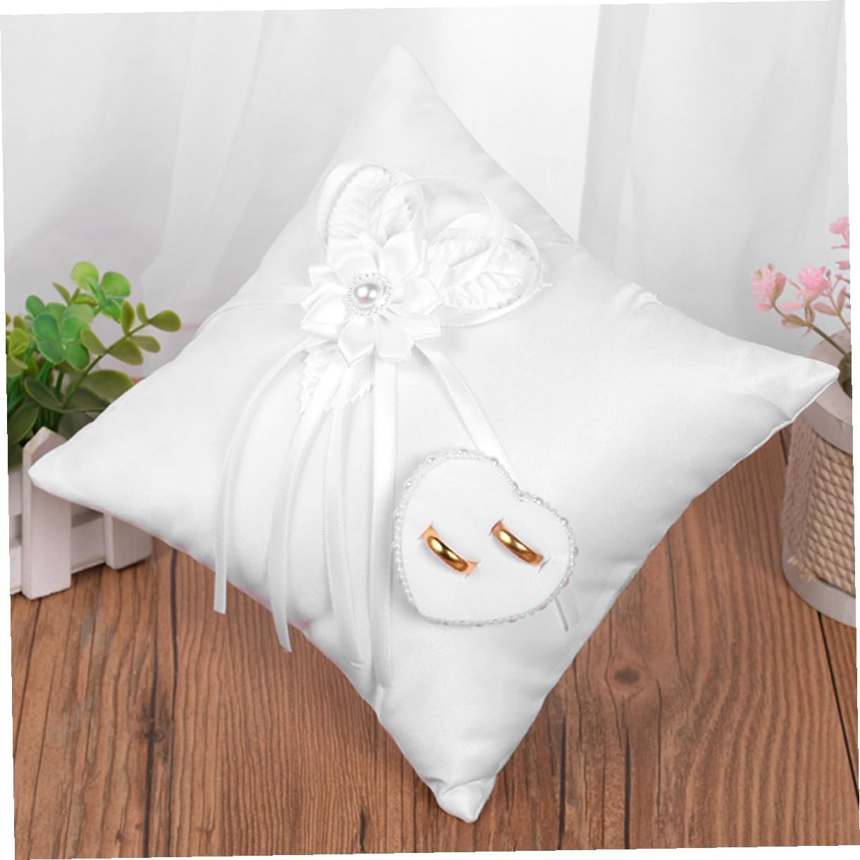 BESPORTBLE Wedding Ring Pillow Imitation Camellia White Embroidered Ring Bearer Cushion for Wedding Ceremony Supplies