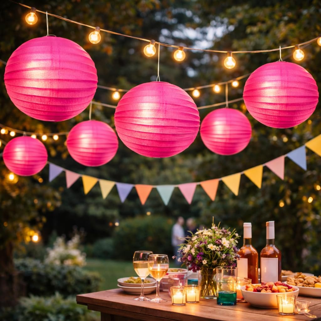 Hot Pink Magenta Paper Lantern Decoration for Birthday or Party Diameter 25 cm Flame Retardant with Metal Hanger Paper Lantern Pink Lanterns Party Decoration Colour: Magenta