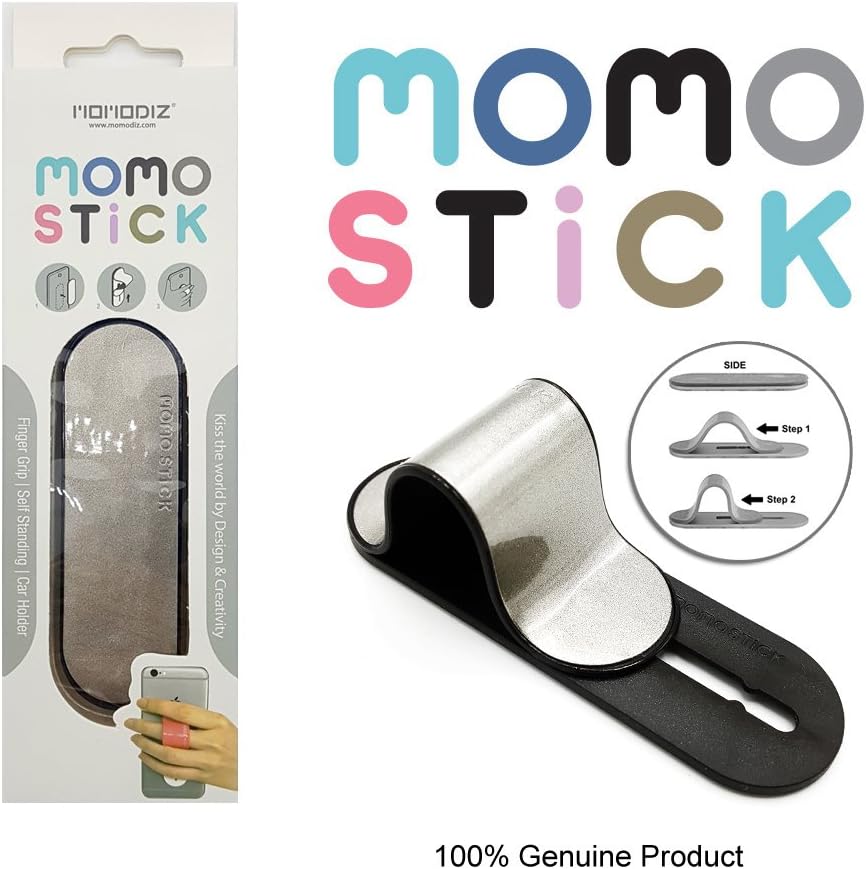 [Shiny Silver with Black] New MOMOSTICK: Stand and Finger Grip for Any Smartphones (iPhone & Android) with Reusable Sticky Gel Pad