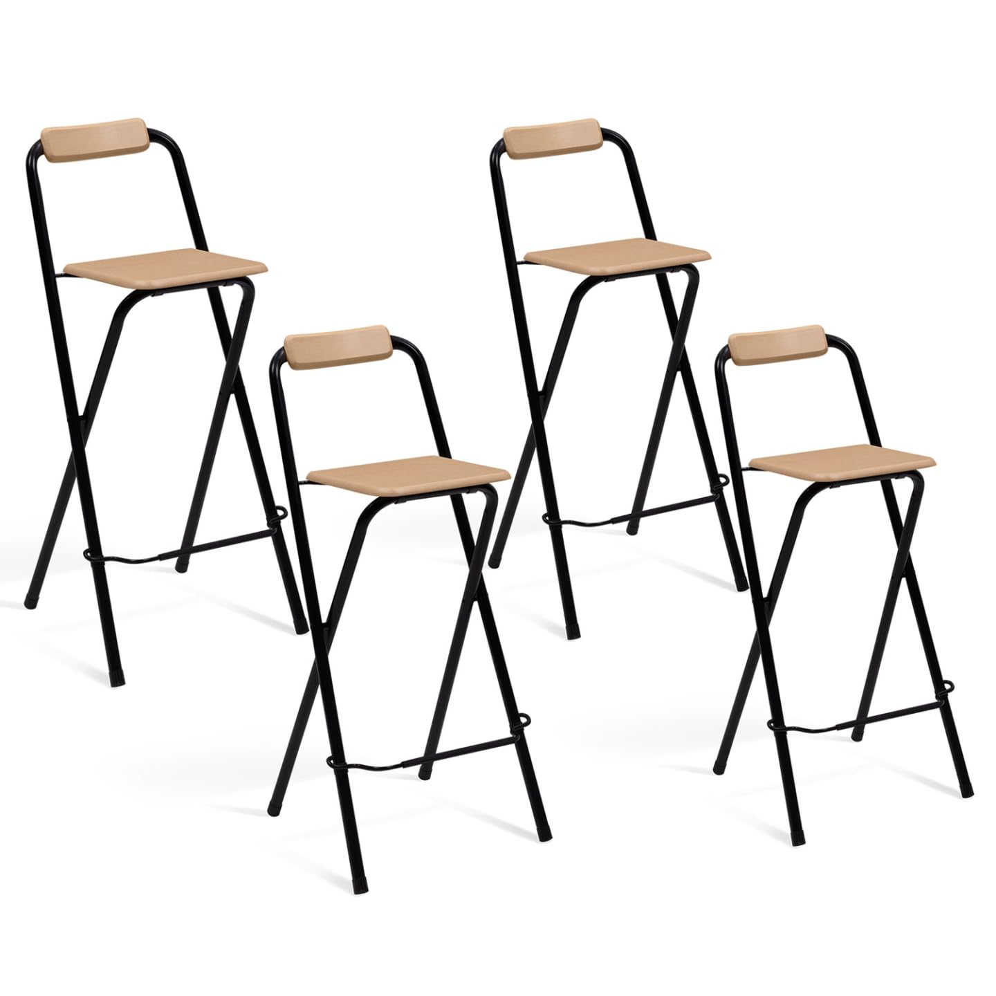 IDMarket - Set di 4 sgabelli da bar pieghevoli DETROIT con struttura nera e seduta effetto legno dal design industriale
