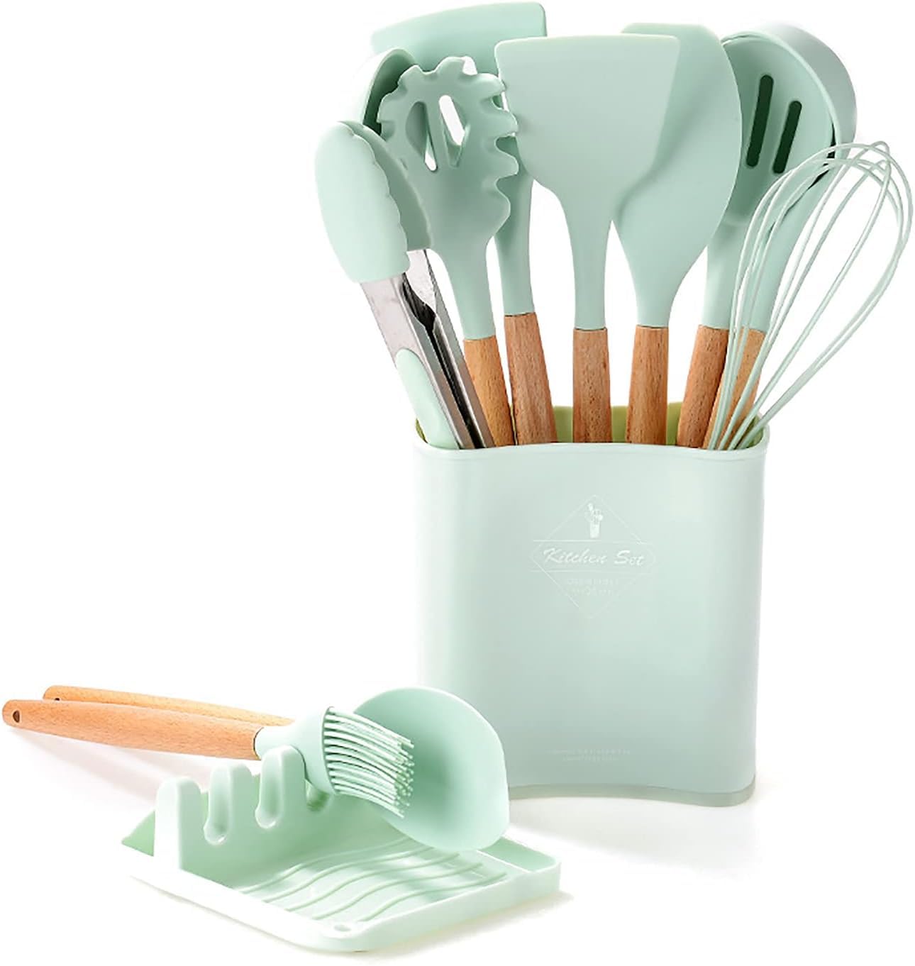 19-Piece Kitchen Knife and Utensils Set with Storage Rack, Silicone Cooking Utensils Set, Heat Resistant Kitchenware including cutting board, spoons whisk scraper spatula (Green)