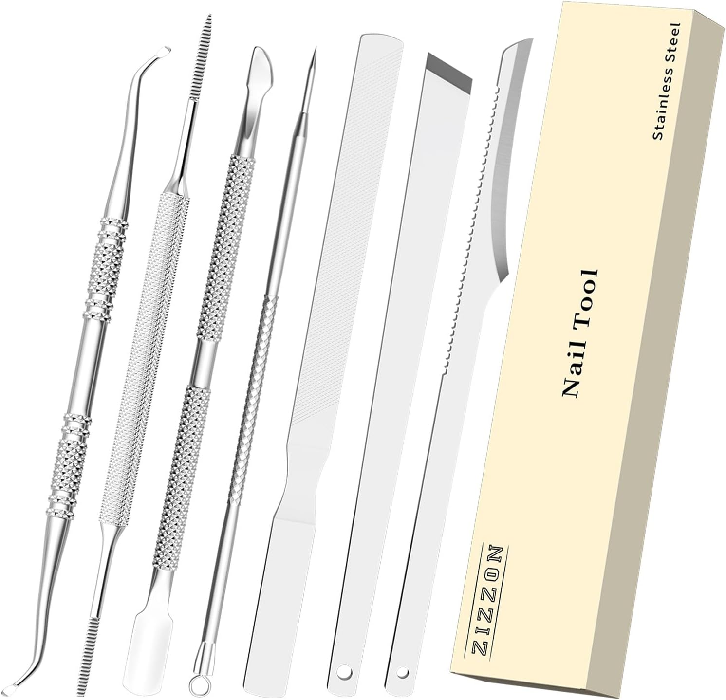 ZIZZON 7 Pcs Ingrown Toenail File and Lifters Set, Stainless Steel Ingrown Toenail Removal Kit, Manicure Treatment Under Nail Cleaner Pedicure Tools, Silvery