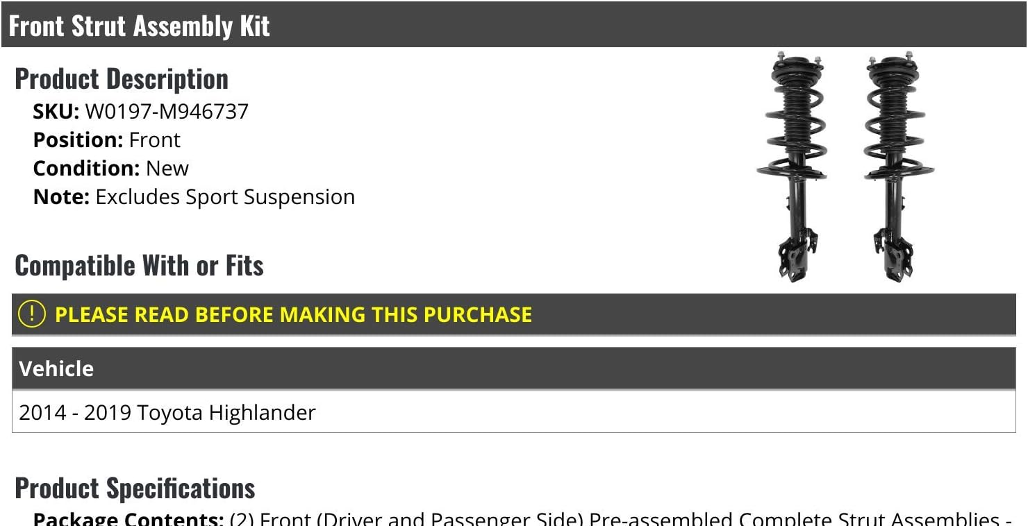 Front Strut and Coil Spring Assembly - Set of 2 - Compatible with 2014-2019 Toyota Highlander (Excludes Sport Suspension)