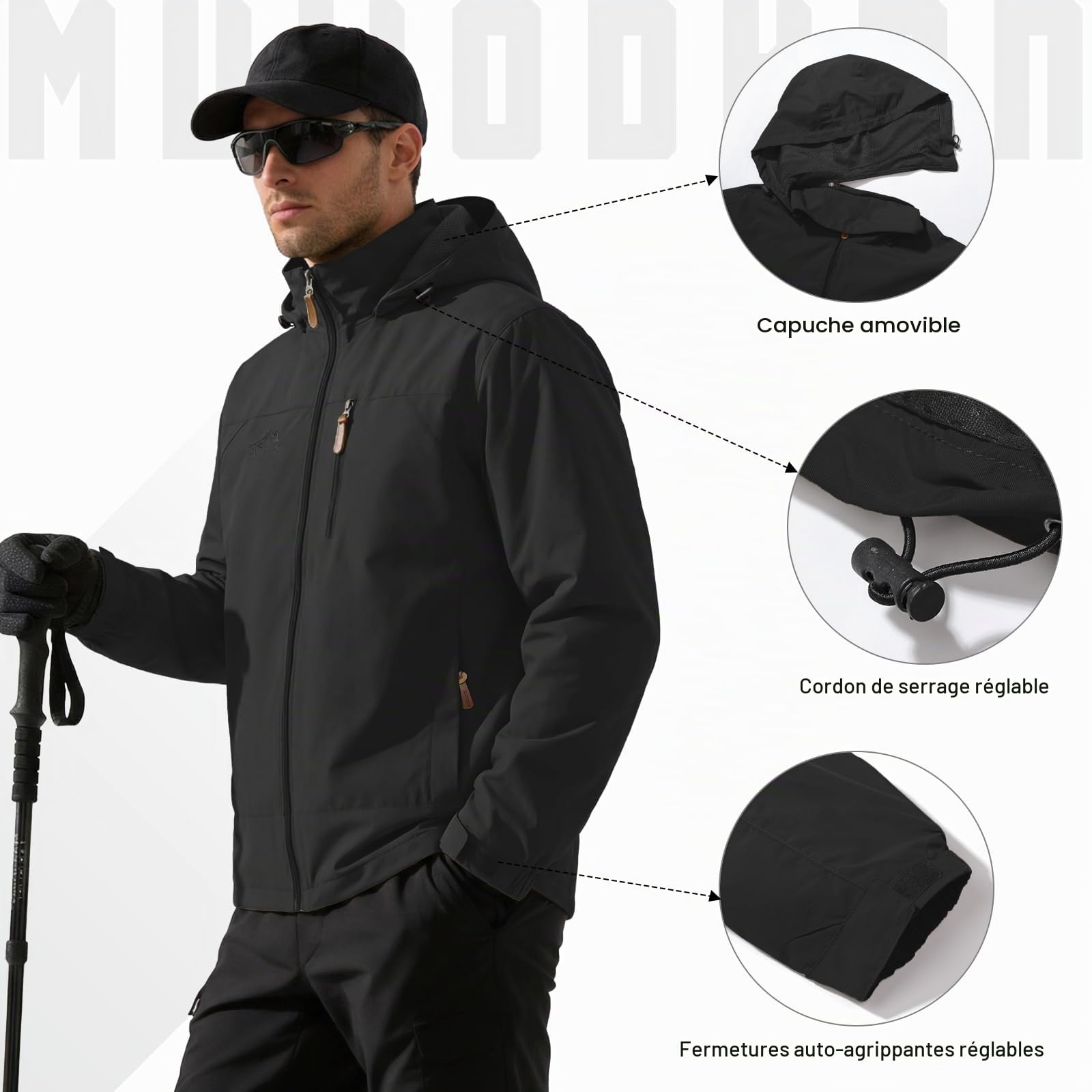 Veste Coupe Vent Homme en Softshell Extérieur avec Capuche | Veste Imperméable Homme Fermeture Eclair Léger Sport Outdoor Manteau Homme Mi Saison pour Voyage Randonnée