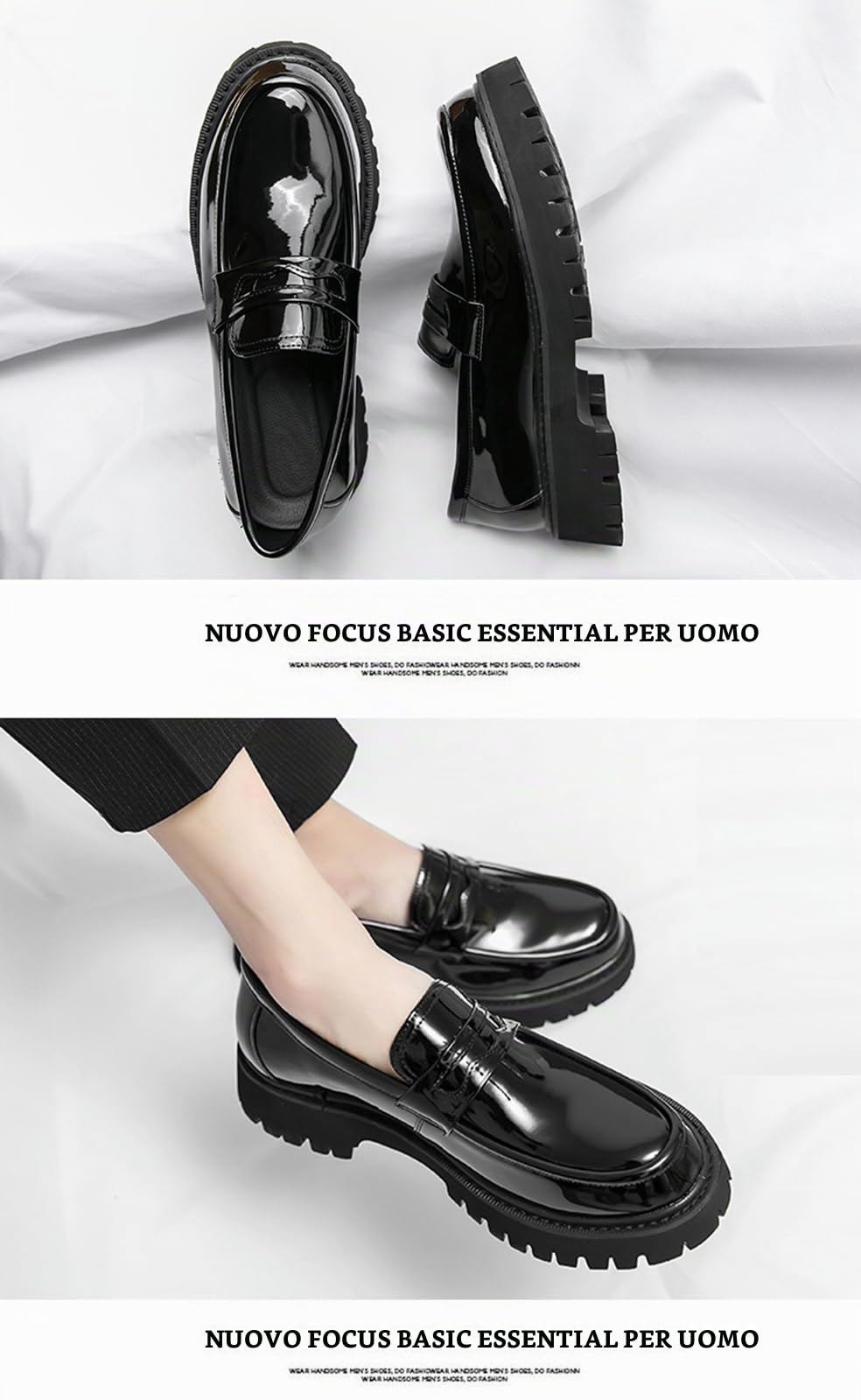 Mocassini da Uomo con Suola Spessa A Carrarmato Slip-On in Pelle Verniciata Scarpe da Cerimonia Mocassini Casual con Plateau