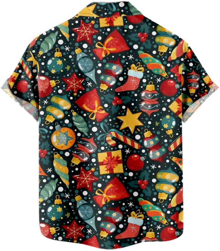 yolsun Christmas Shirt for Men Casual Button Down Short Sleeve Hawaiian Shirt(Chritmas Colourful,L