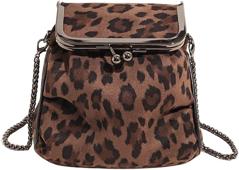 Small Leopard Suede Crossbody Bag Cheetah Print Faux Suede Kiss Lock Evening Clutch Purse with Chain Satchel Handbag