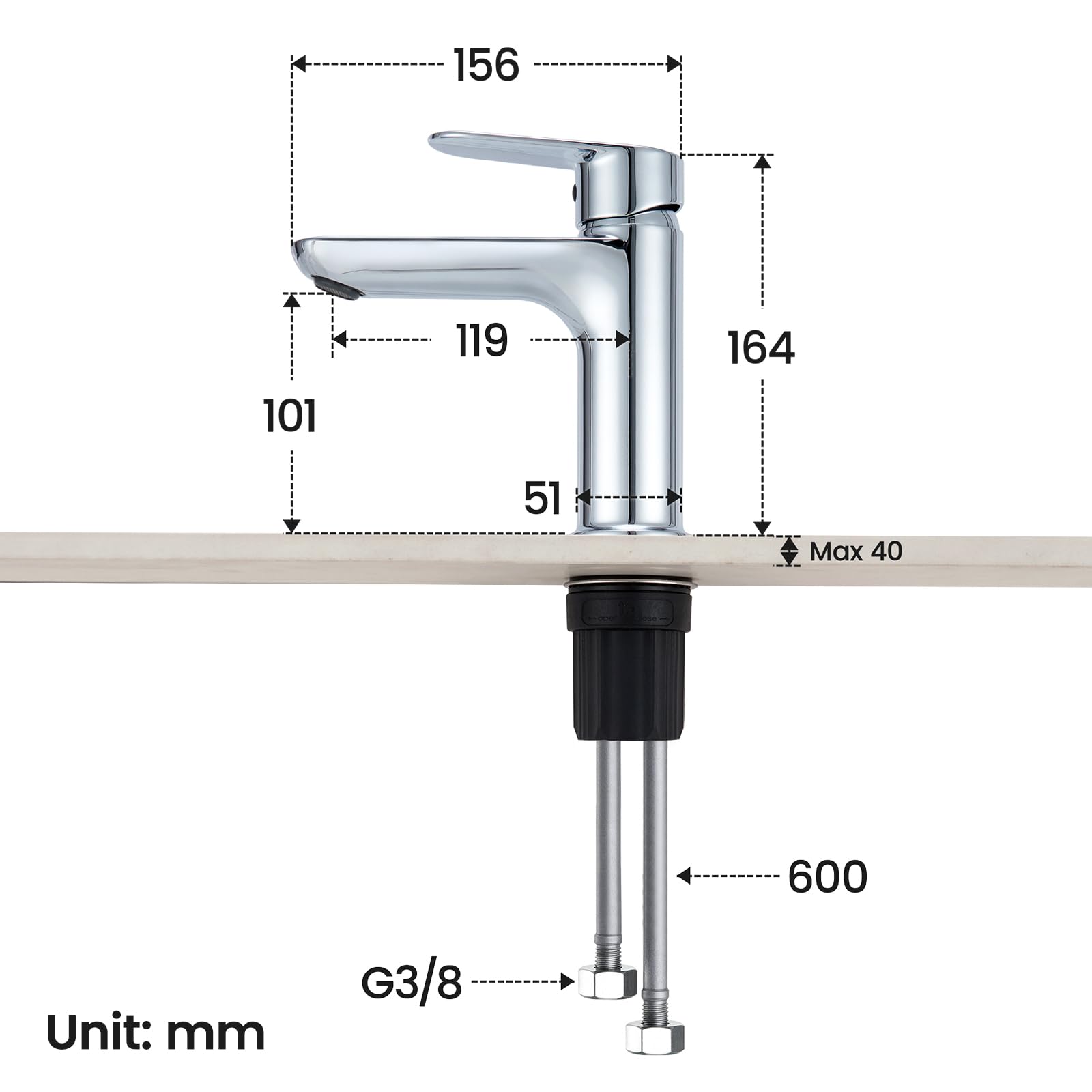 CECIPA Grifo Lavabo,Grifo Lavabo de Baño sin plomo,altura de 16,4 cm | Monomando para Lavabo ahorrador de agua,con cartucho de cerámica y manguito de conexión de 60 cm,Cromo