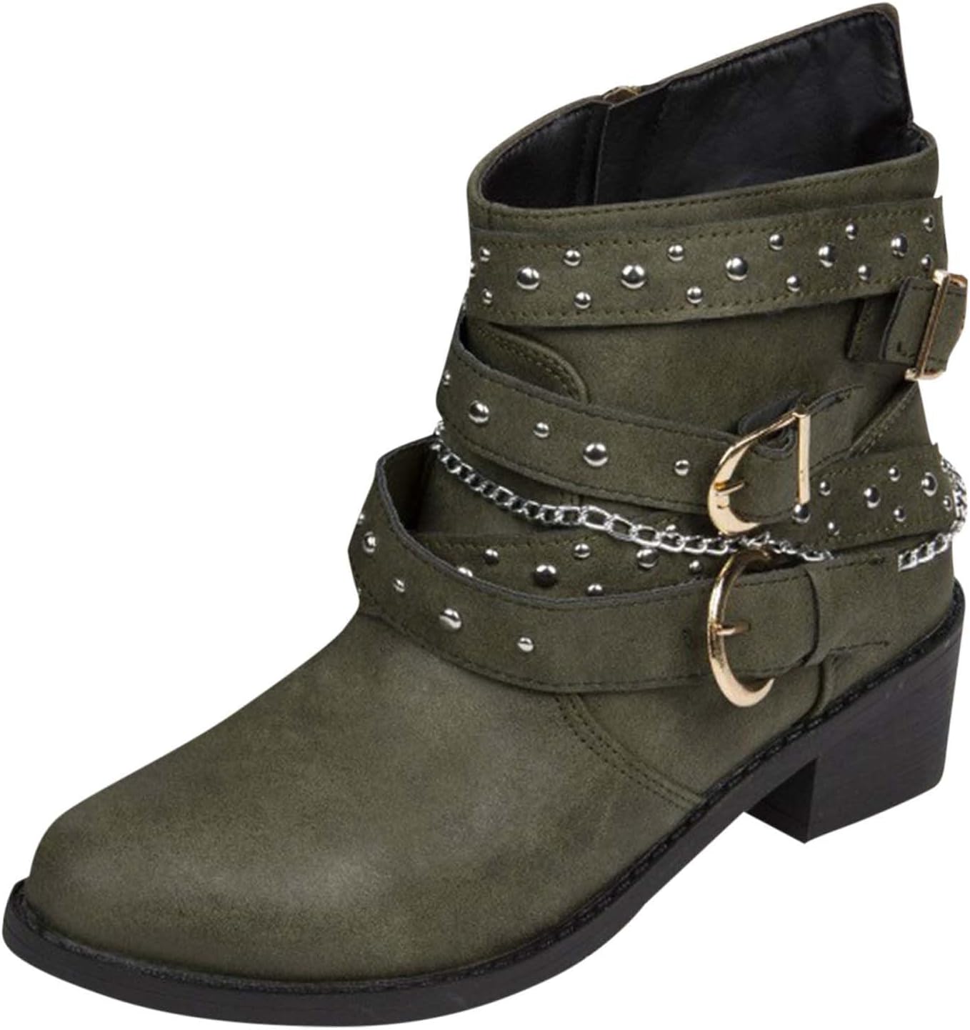 Women's Rhinestone Buckle Ankle Boots Chunky Heel Leather Boots Side Zipper Vintage Ankle Booties for Ladies