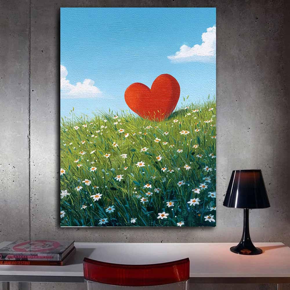 HUYEEI Kocham serce na płótnie serce w polu stokrotki plakat dekoracja ścienna obraz na płótnie malarstwo dekoracja ścienna salon sypialnia korytarz (czerwony)-40x60cm oprawione