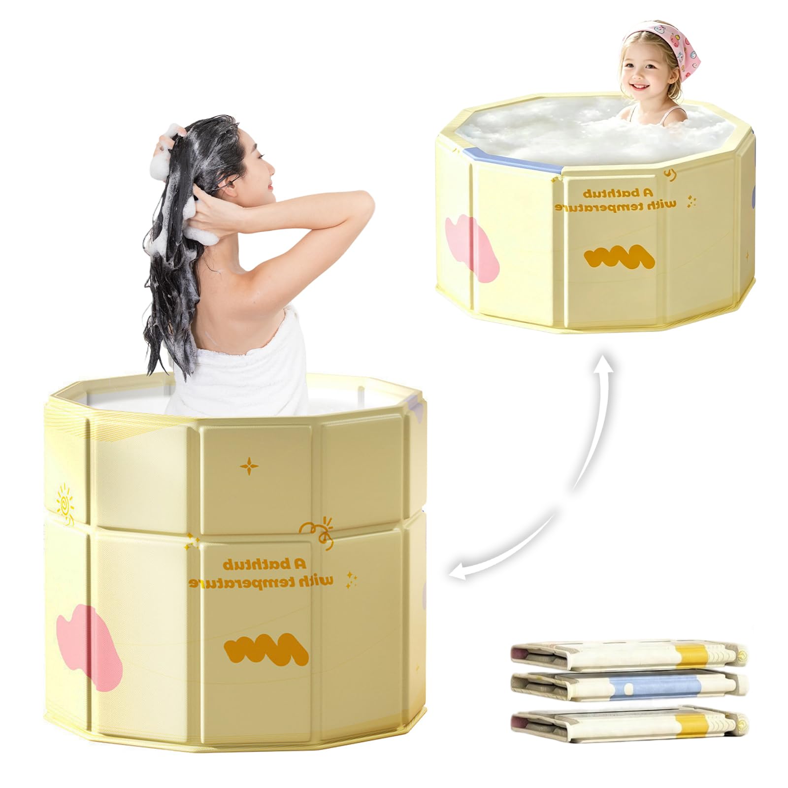 CEWROM Składana mobilna wanna, żółta, 70 cm, składana wanna do prysznica/SPA na zewnątrz, przenośna wanna lodowa i gorąca kąpiel, składana wanna, przenośna wanna dla dorosłych