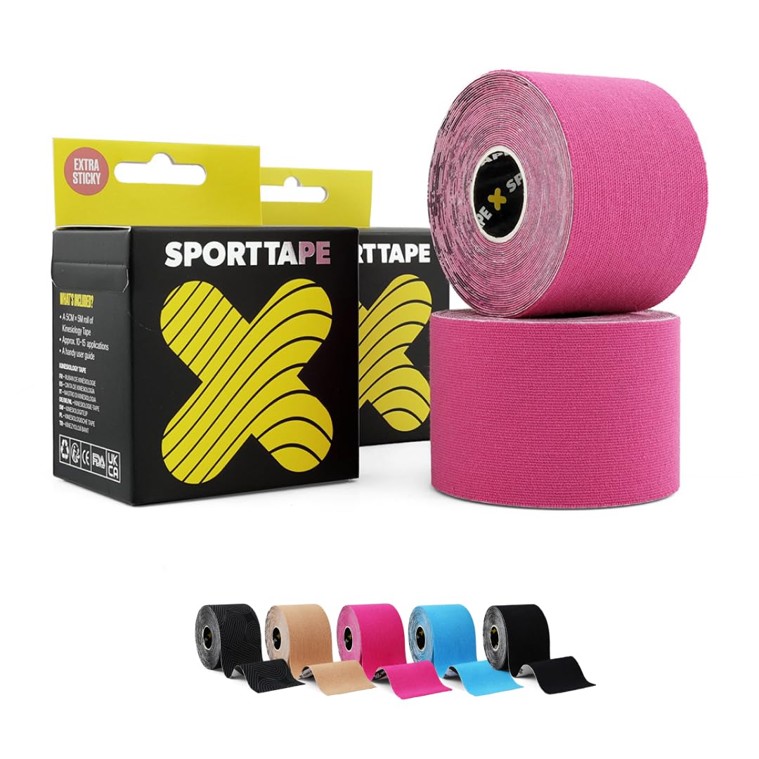 2 Rotolo Tape Kinesiologico Muscolare, Kinesio Tape, Nastro Kinesiologico Sportivo per i Muscoli, Nastro Kinesiologico, Blu/Rosa, per Il Ginocchio, Articolazioni, Supporto Muscolare (5M x 5CM