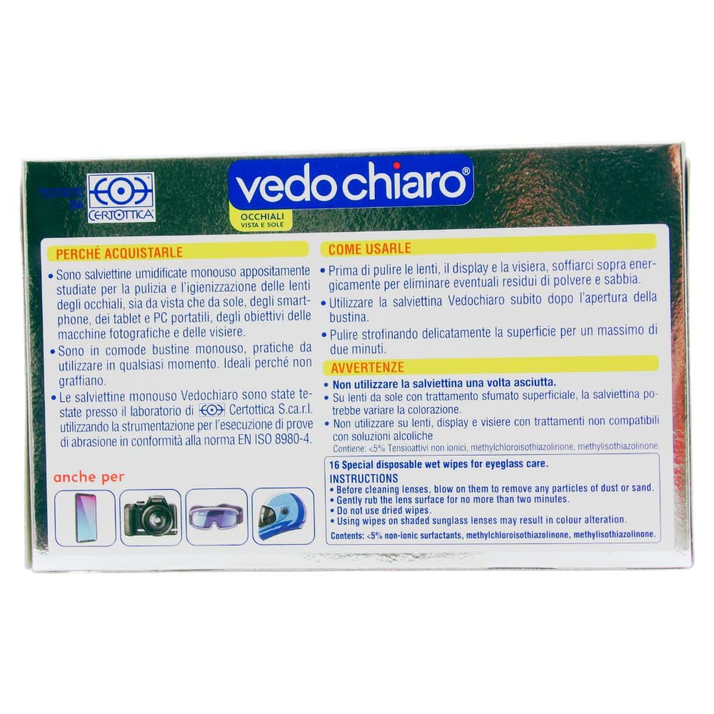 Vedo Chiaro 16 Salviettine Umidificate Monouso Studiate per la Pulizia delle Lenti degli Occhiali, da Vista e da Sole, degli Smartphone, dei Tablet e PC Portatili etc (2 CF da 16)