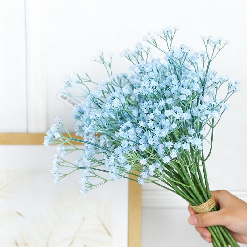 10 Pcs Babys Breath Light Blue Artificial Flowers, Real Touch Gypsophila Fake Flowers for Wedding, Home Decor, Vase Filler, Table Centerpieces, Party Decorations