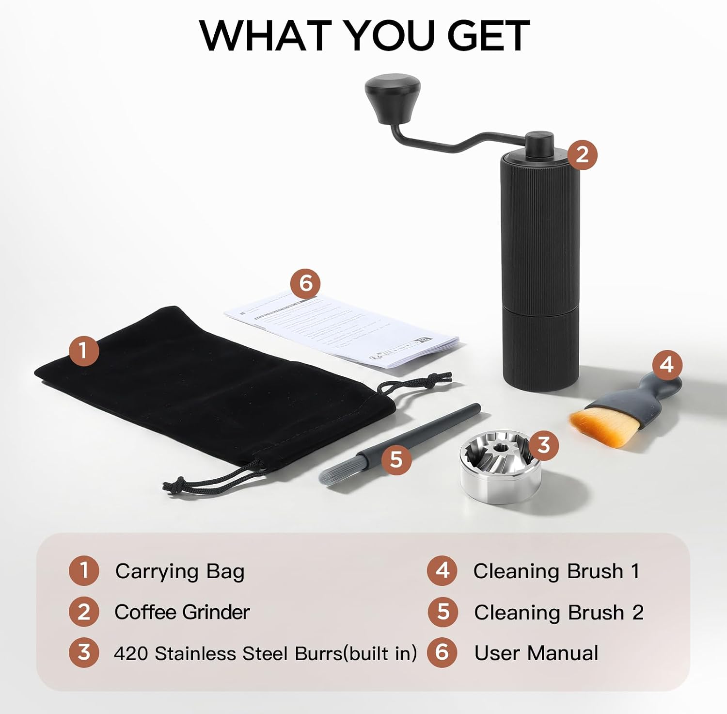 Manual Coffee Grinder, Hand Crank Coffee Bean Mill with Stainless Steel Conical Burr, Adjustable Coarseness, Aluminum Alloy Body Dual Bearing Design, for Travel Camping Home Use