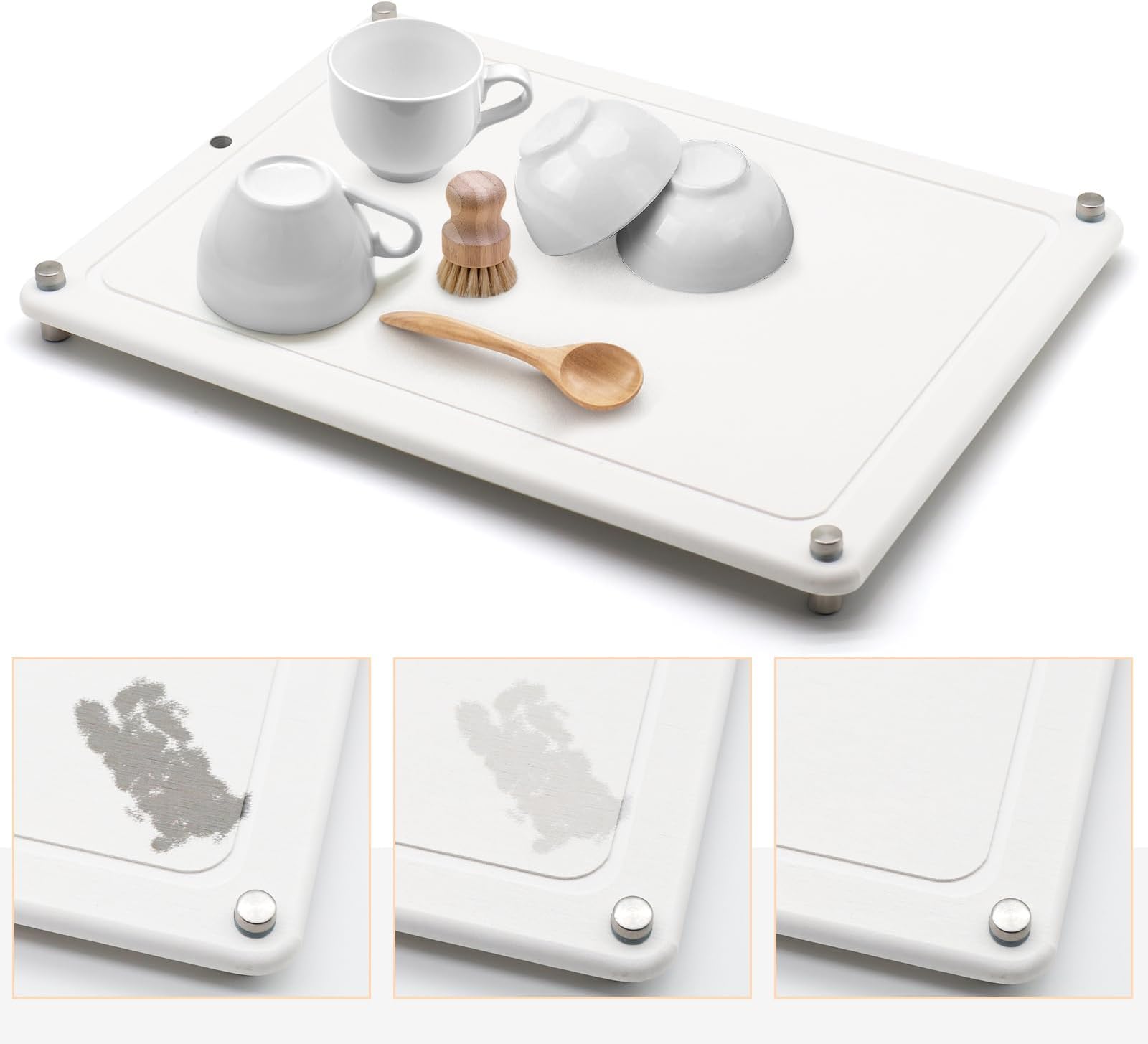 Water Absorbing Stone Dish Drying Mats for Kitchen Counter, Quick Dry Diatomaceous Earth Sink Tray Mat for Dish Bottles Cups, Bathrooms Multi-Room Use - White