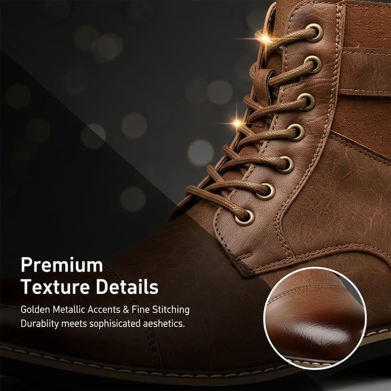 Men's Cap Toe Combat Boots Lace-Up Ankle Boots with Buckle Straps Retro Work Boot Design
