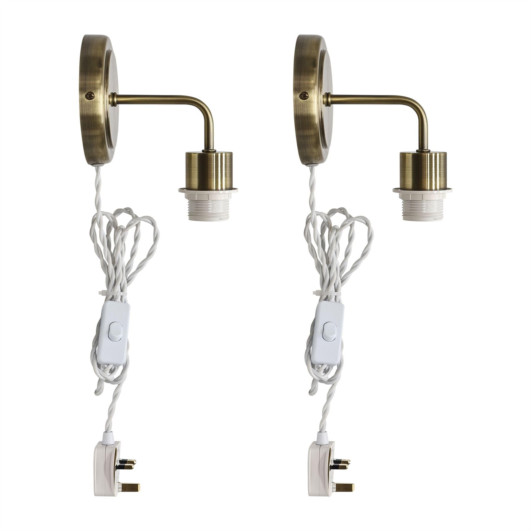 Firstchoicelighting Antique Brass Set Of 2 Plug In Wall Lights Or Reading Bedside Lamps, Inline On/Off Switch, 3 Pin, Fitting Only