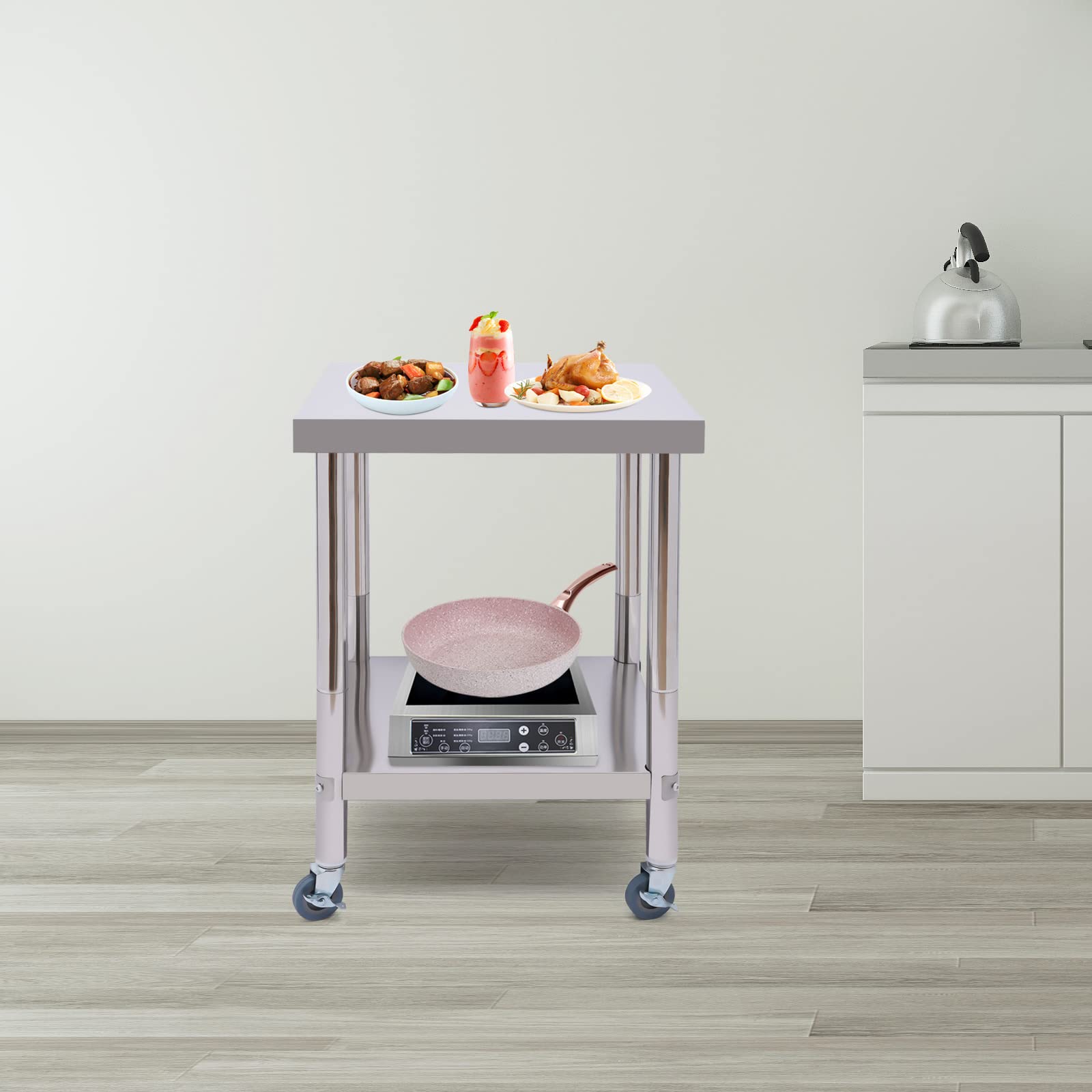 Tavolo da lavoro in acciaio inox, tavolo da cucina con 4 ruote (2 ruote freni), tavolo in acciaio inox, 60 x 60 x 85 cm, capacità di carico 300 kg, in acciaio inox