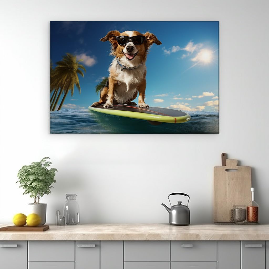 Canvas for Living room. Surf's Pup Adventure Tropical Bliss Unleashed, 27 x 18 inch Canvas Wall Art - Tranquility - Botanical Home Decor