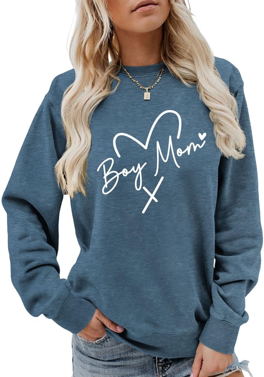 Nevfiro Boy Mom Sweatshirt For Women Mama Long Sleeve Heart Printed Pullover Tops Casual Crewneck Sweatshirts