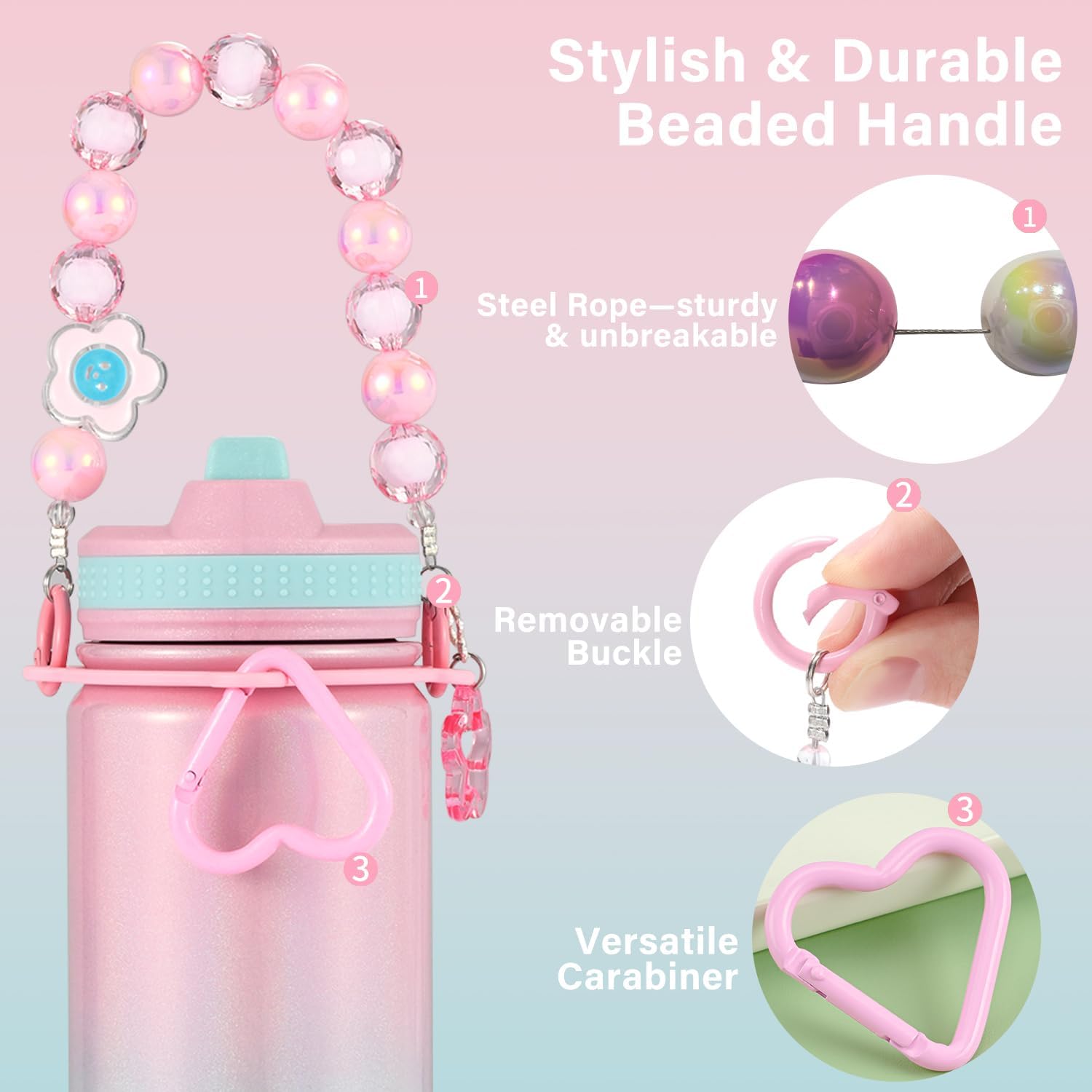 Mininoo Kids Water Bottle for School - 16 oz Stainless Steel Insulated Water Bottle with Ceramic-Lined, Leakproof Straw Lid & Beaded Handle for Girls & Boys - Image 4