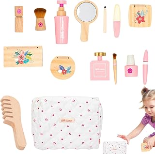 Trämakeup – Smooth Wood standardstorlek | Söt leksak med dragkedjeväska | Skönhetssalong Pretend Play Kit Learning Gift för flickor och pojkar åldrar 3+ dagis klassrum och daglig användning