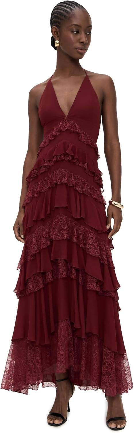 alice + olivia Women's Liana V Neck Ruffle Maxi Dress