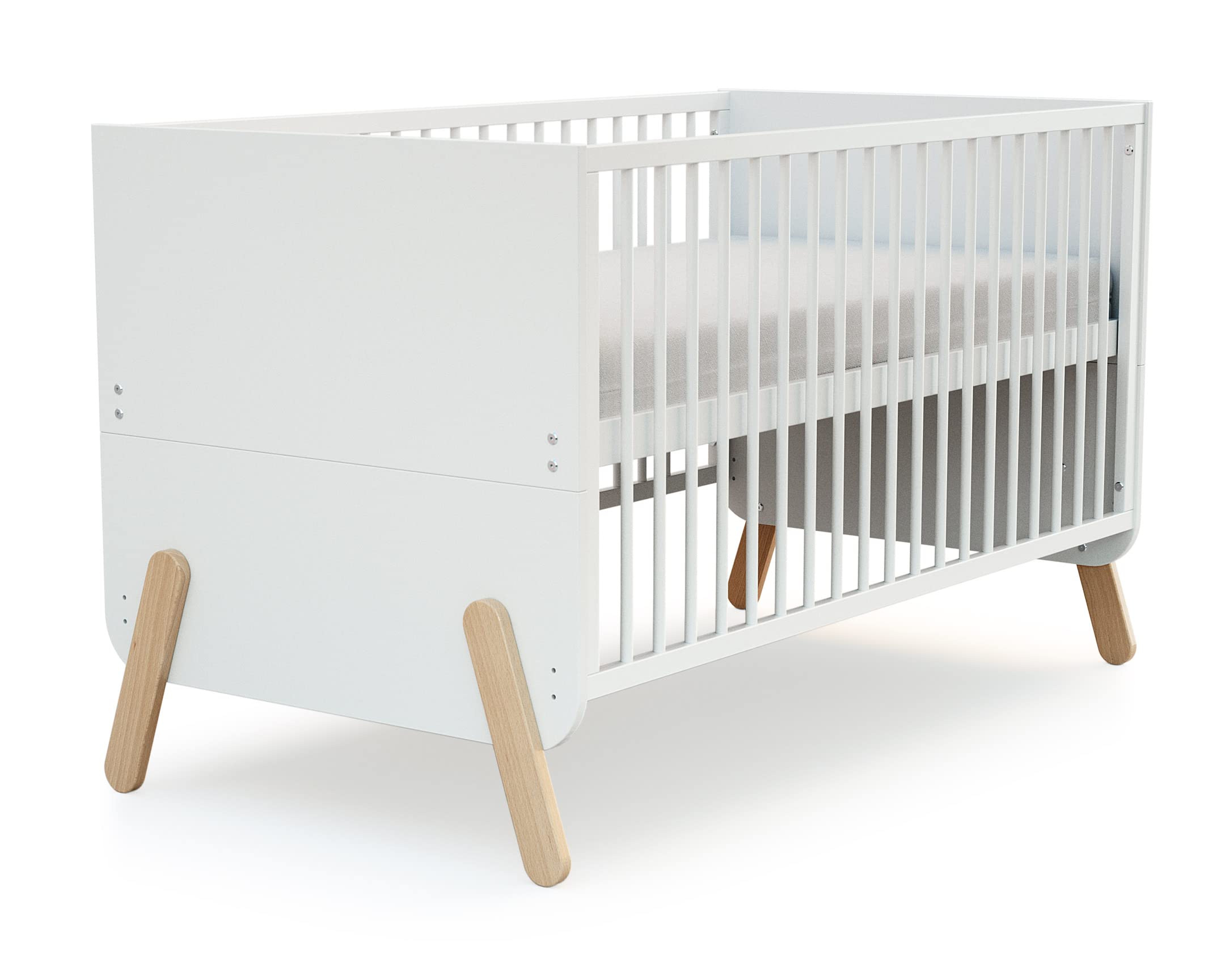 AT4 - Chambre bébé lit évolutif 70 x 140, commode à langer et armoire en bois PIRATE Blanc et Hêtre Verni | Armoire 6 étagères dont 4 réglables et une penderie | Plan à langer inclus