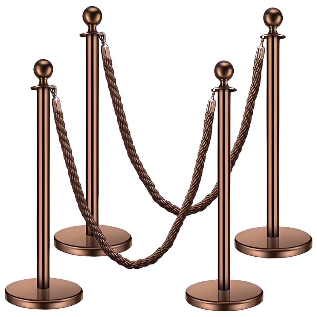 Aioneer Crowd Control Stanchion Post With Woven Rope, Stainless Steel Queue Barrier For Events, Hotels, And Banks-4 Pack