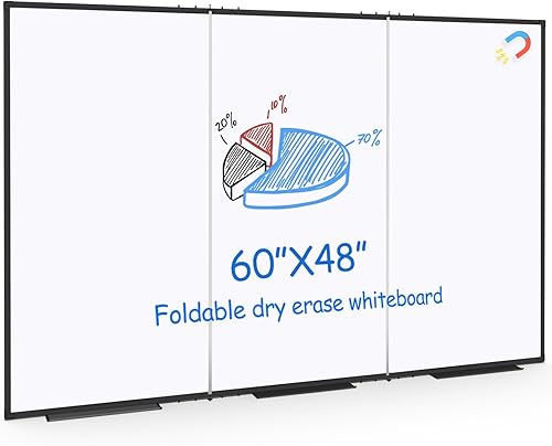 Pizarra blanca grande para pared, pizarra magnética de borrado en seco, plegable de 60 x 48 pulgadas, marco de aluminio negro, con 3 bandejas de