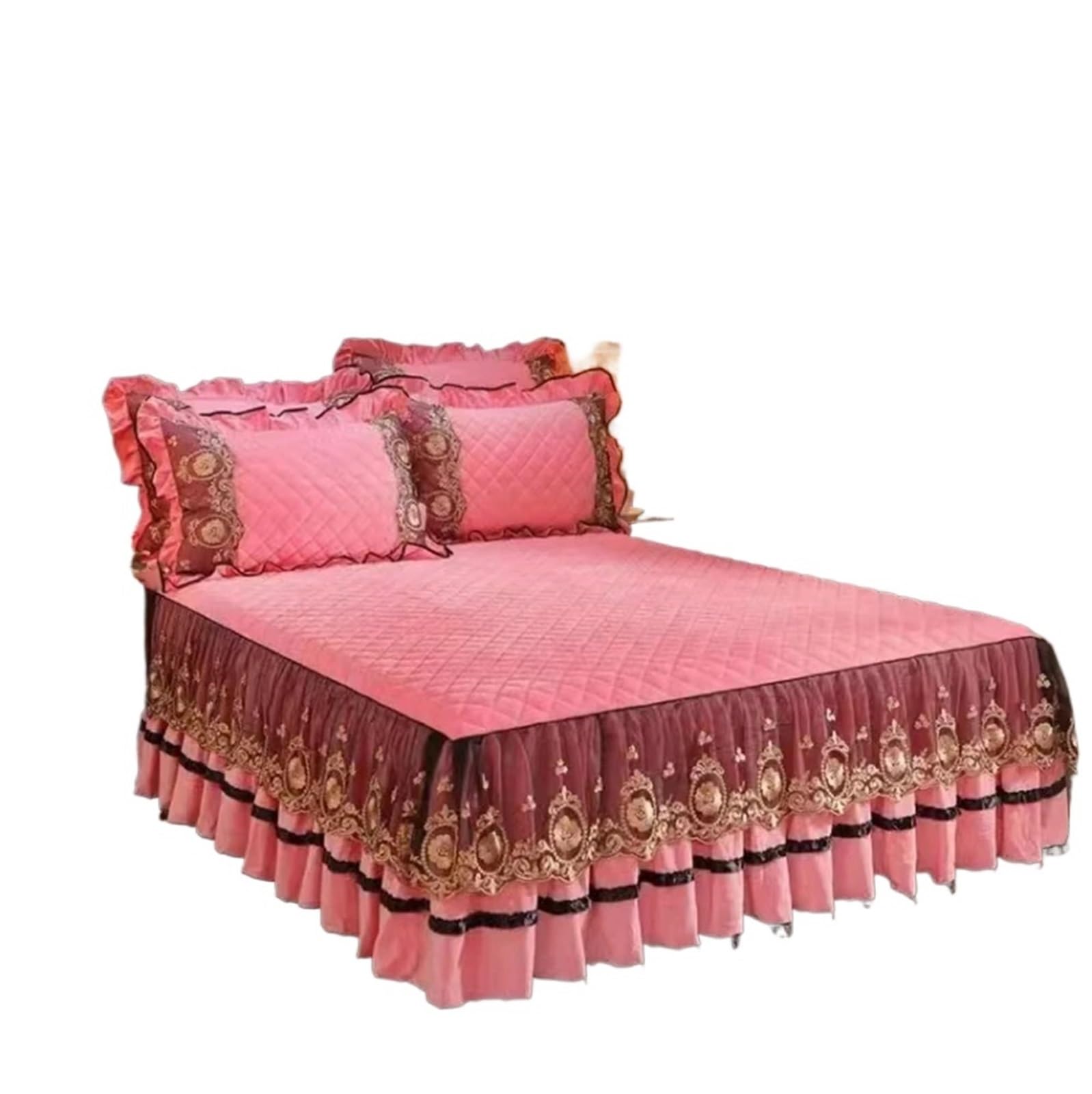Lace Bed Skirt Bedspreads Bedding Thicken Velvet Plush Quilted Embossing Spread For Home(Color-02,2 Pillowcase 48x74cm)