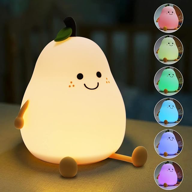 Cute Smile Pear Night Light, Kids Dimmable Night Light, Rechargeable Cute Silicone Pear Nursery Night Lamp with Touch Sensor, 7 Color Changing Night Light Mini Table Lamp for Children Gift
