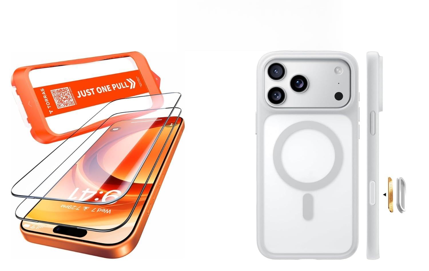 TORRAS Schutz-Bundle für iPhone 17 Pro Max, Panzerfolie 9H Glas 2 Stück + Guardian-Mag Hülle für MagSafe, Full Screen Displayschutz & stoßfeste Handyhülle mit Kamerasteuerung, Matt Silbergrau