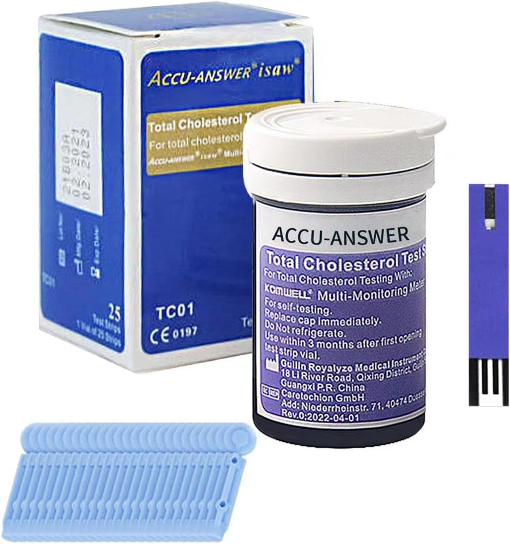 25 Test Cholesterol Test Strips for ACCU-Answer 4-in-1 Test Meter, 25 Lancets Total Included. No Code Card Need, Accurate and Fast, Easy to Use and Read
