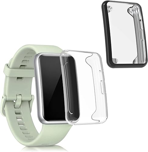kwmobile Funda compatible con Huawei Watch Fit Case - 2X TPU Silicone Fitness Tracker Cover - TransparenteNegroTransparente