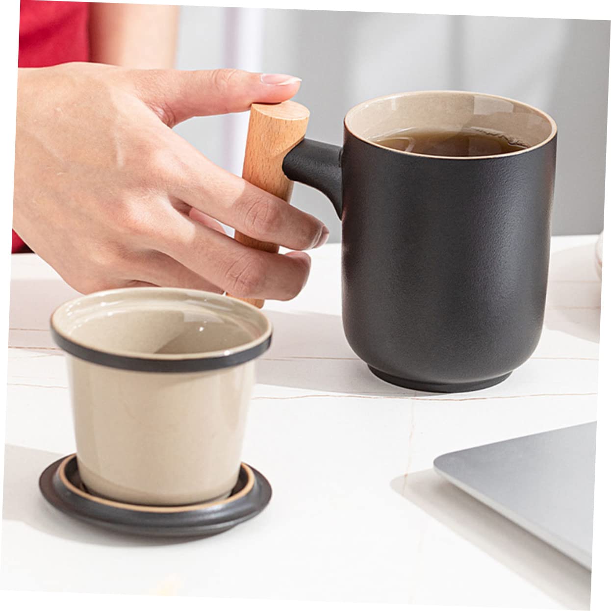 LIFKOME Tazze The Giapponesi in Ceramica Infusore, Tazza da Tè a Separazione Acqua, Nero, di Perdite, per Ufficio e Viaggio