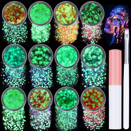 editTime Shiny 12 Colors 3D Color Gradient Holographic Laser Mermaid Chameleon Flakes Nail Art Sequins Glitter Powder Accessories with Quick Dry Makeup Glue and Nail Pen Brushes (Night Glow 12pcs)