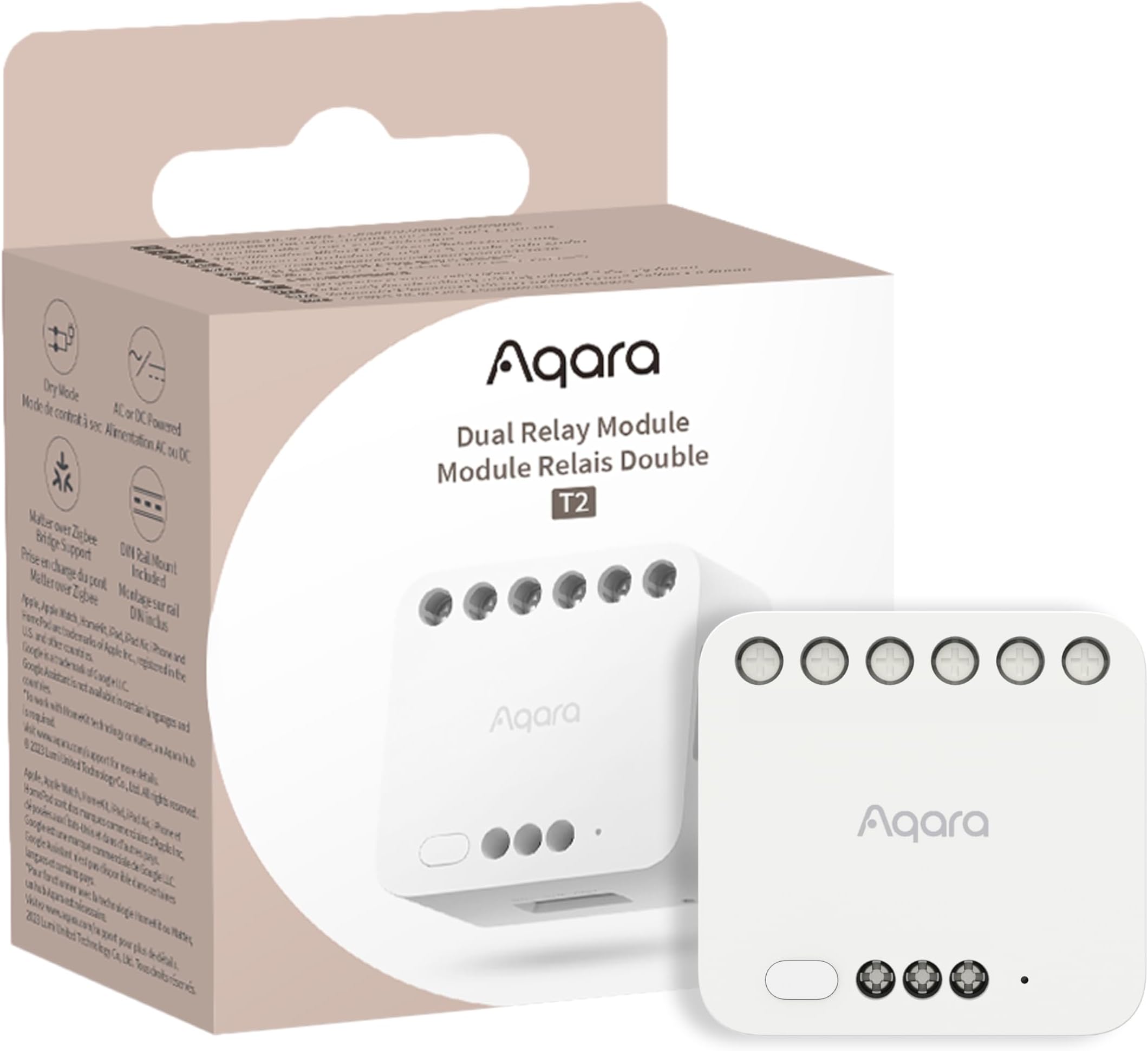 [Upgraded Version] Aqara Dual Relay Module T2 with Matter, Requires Aqara Zigbee 3.0 HUB, Dry Contact Mode for Garage Doors and Boilers, Light Switch & Roller Shade Switch, Supports Homekit and Alexa