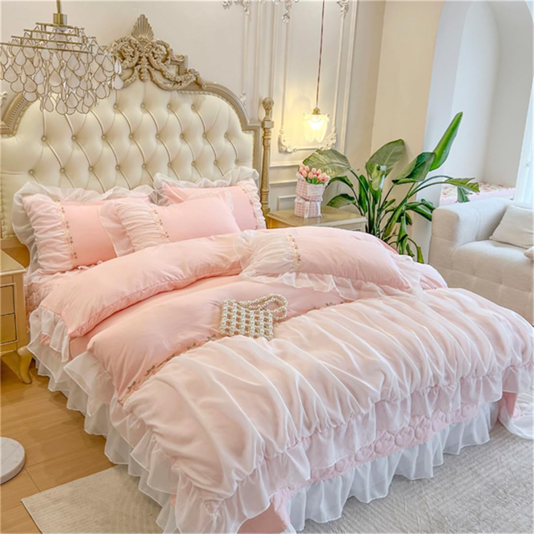 MOOWOO Pink Bedding-Romantic Ruffle Lace Bedding Set 3 Piece Comforter Queen Duvet Cover with Zipper Closure,Coquette Room Decor-Pink,Queen Size