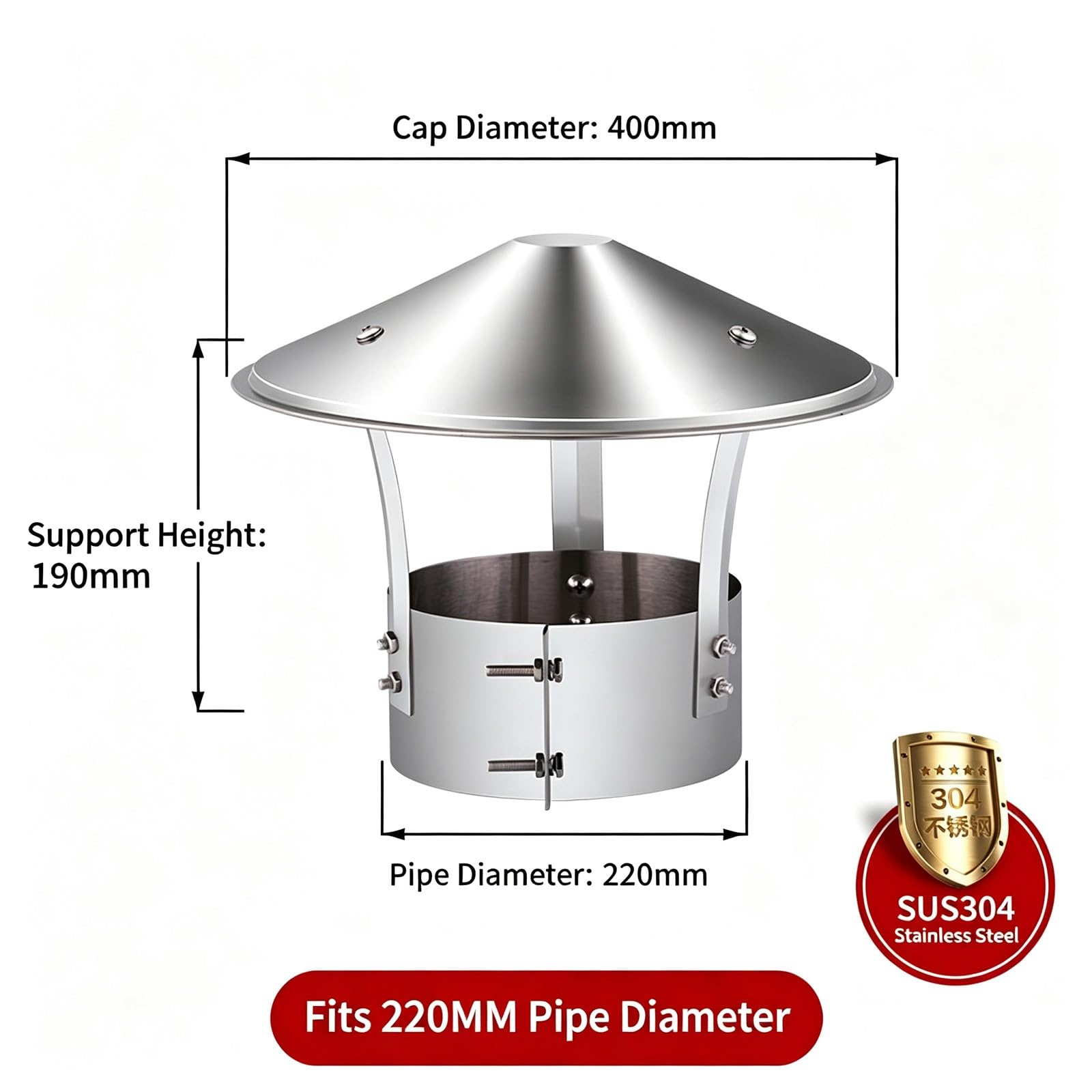 Comignolo Antivento Antipioggia Acciaio Inox 304 Terminale 90mm 125mm 240mm