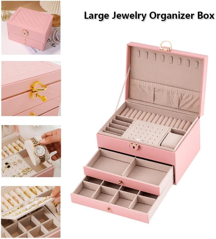 Image of Jewelry Box For Women Girl Wife 3 Layers Large Pu Leather Jewelry Organizer Storage Case With Two Drawers Display For Earrings Bracelets Rings Watches Design Jewelry Box, Jewelry Organizer (Pink)