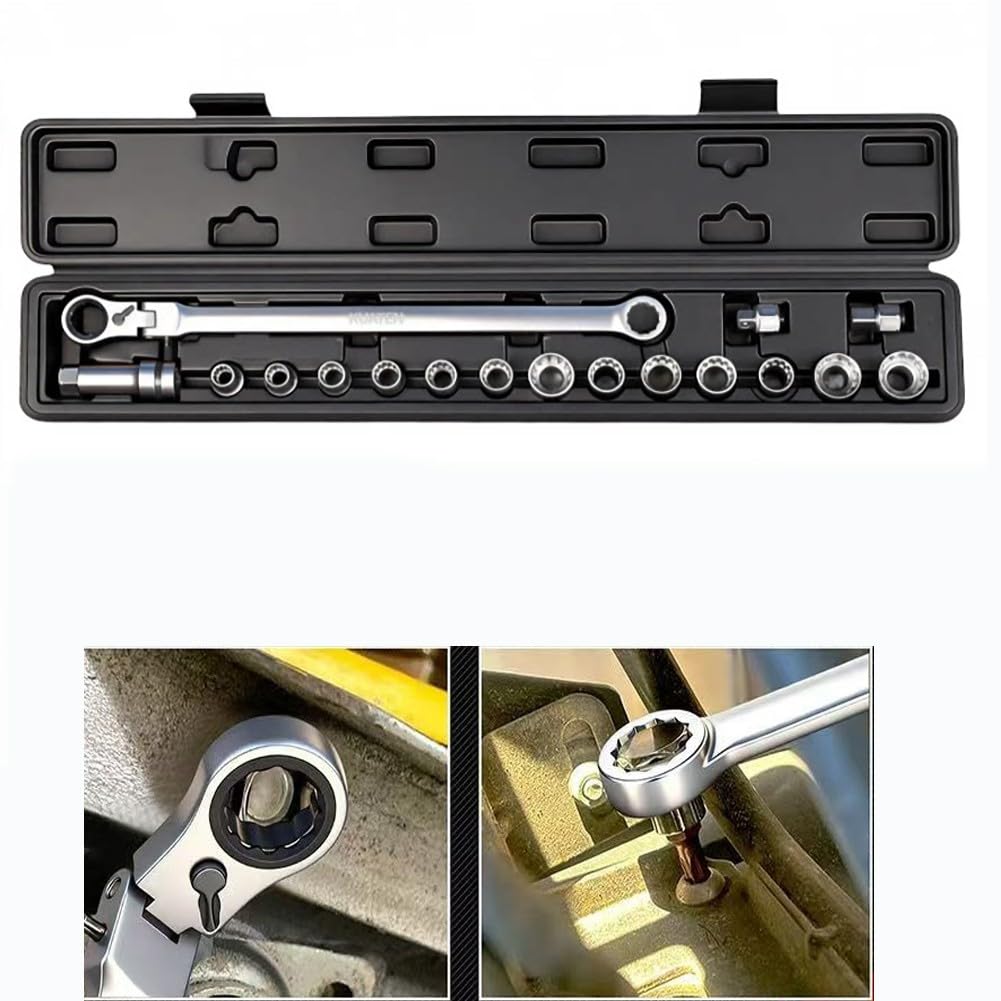 SPORTARC Set di chiavi a bussola, cricchetto a 72 denti, design passante, testa girevole a 180°, kit da 17 pezzi in acciaio legato per riparazione auto fai da te