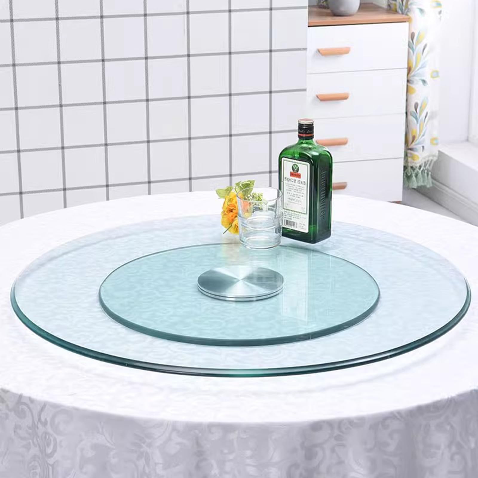 50-120cm Plateau Tournant Rond en Verre Transparent Lazy Susan Grand Plateau Tournant en Verre Transparent Plateau De Service, Plateau De Service Robuste avec Roulements Silencieux(50cm/19Inch)