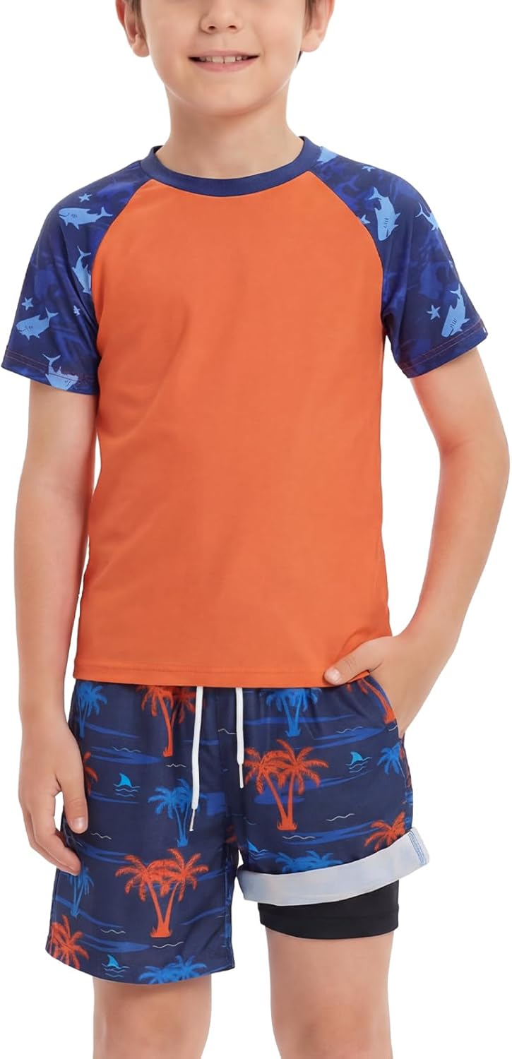 Hotfiary Boys Rash Guard Swimsuit Two Piece Kids Short Sleeve Swim Shirt & Trunks with Compression Liner UPF 50+ Bathing Suit