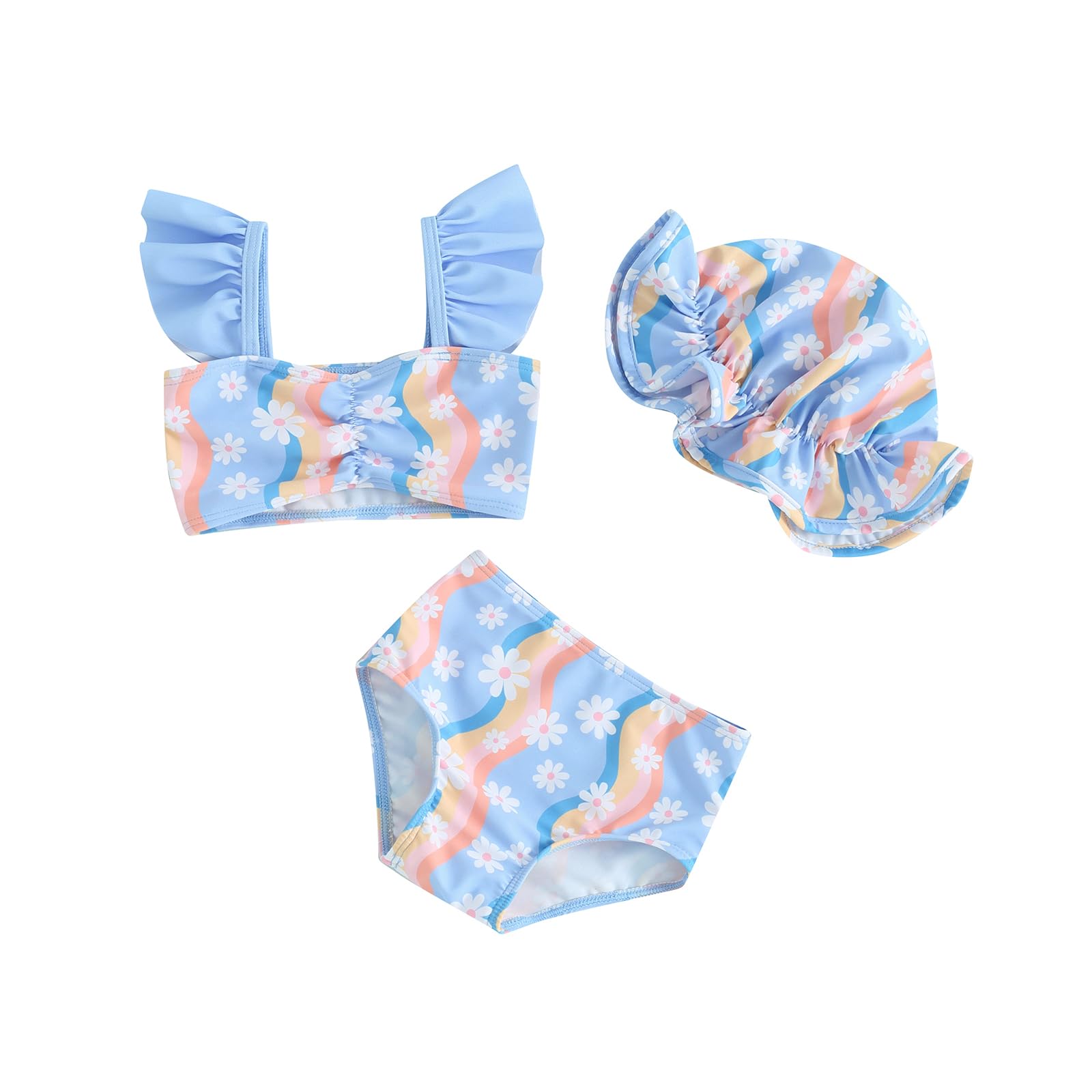Baby Girl Floral Swimsuit Toddler Striped Bikini Set Ruffle Tankini Top Swim Shorts Infant Bathing Suit with Sun Hat (Blue, 18-24 Months)