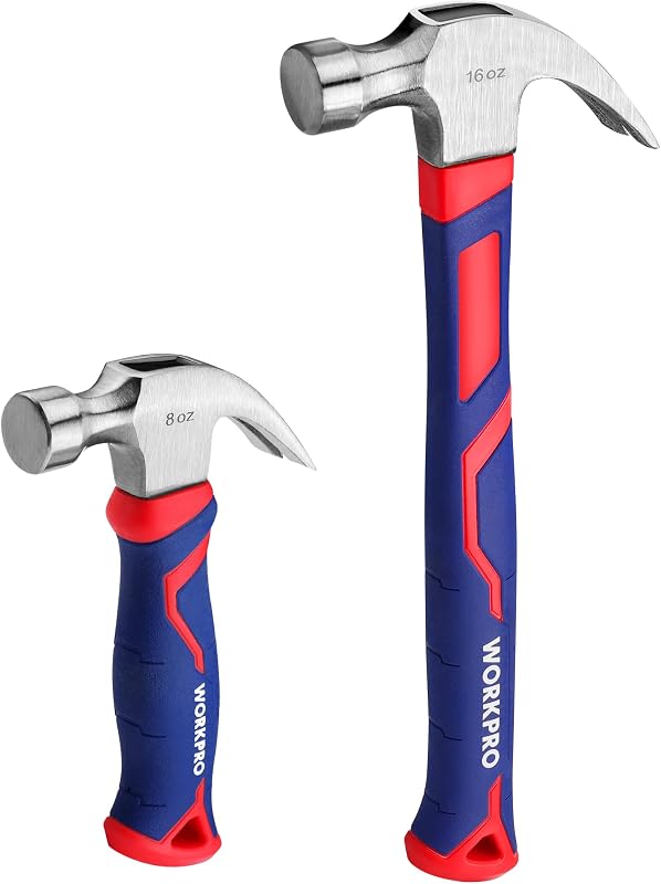 2-Piece Claw Hammer Set, 8oz Small Hammer & 16oz Hammer, Fiberglass | Forged Hardened Steel Head with Smooth Face, Fiberglass Handle with Non-Slip Grip & Shock Absorption, All Purpose Hammer