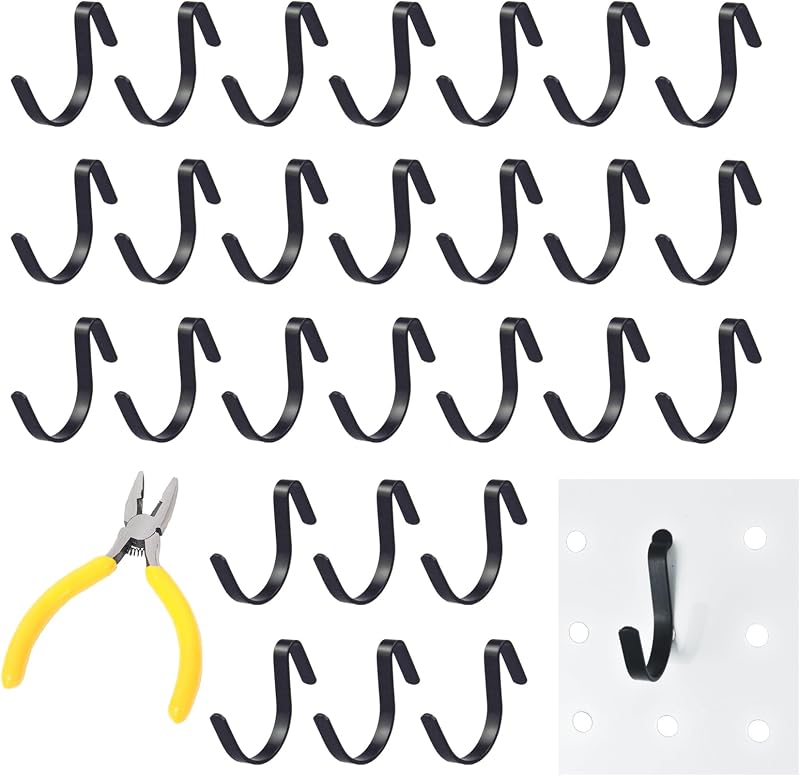 Pegboard J Hooks Black 80pcs Peg Board Metal Tool Hangers for Garage Craft | 1/4" Pegboard Accessories, Stainless Steel Hooks with A Small Plier, Adjustable J Hook for Slot Panels, Wire Shelves, Racks