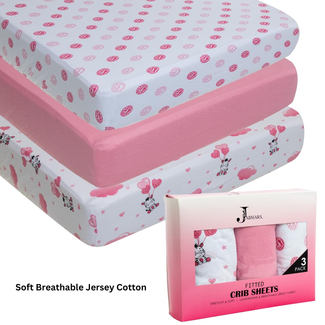 JABMARS Sábanas para cuna (paquete de 3) – Sábanas bajeras de algodón suave para cuna de bebé | Bonitas sábanas y colchón de cama infantil | Juego de ropa de cama para cuna de bebé niña | Cebra rosa